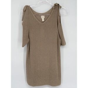 CHICOS Taupe Cold Shoulder V-Neck Sweater Knit Dress With Bows Size 2